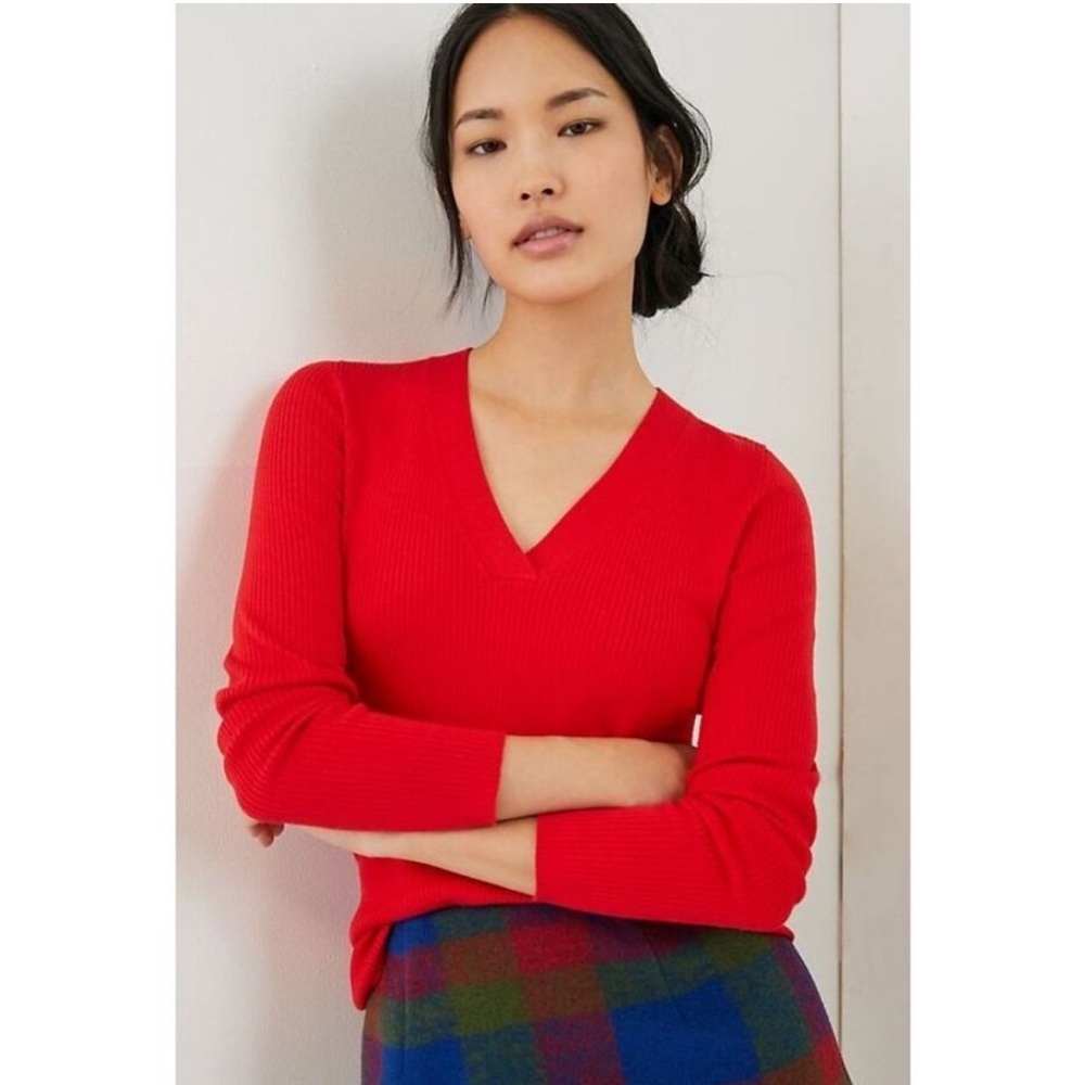 Maeve by Anthropologie Thea Ribbed V-Neck Sweater Red Size Medium